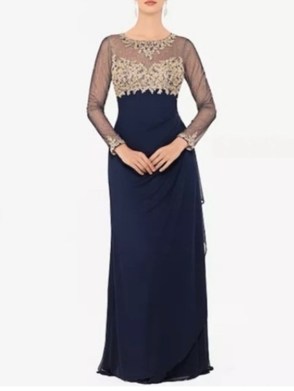 Petite XSCAPE Embellished Sheer Long Sleeve Ruched Gown in Navy/gold